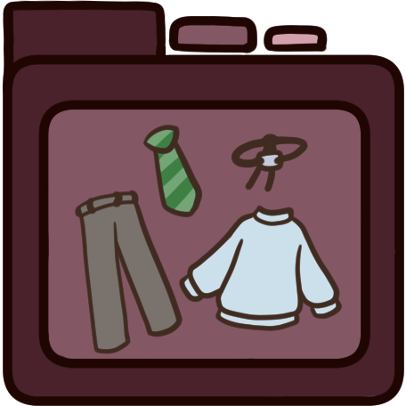 a red file folder with a pair of trousers, a green striped tie, a white jumper, and a cord bracelet in it.